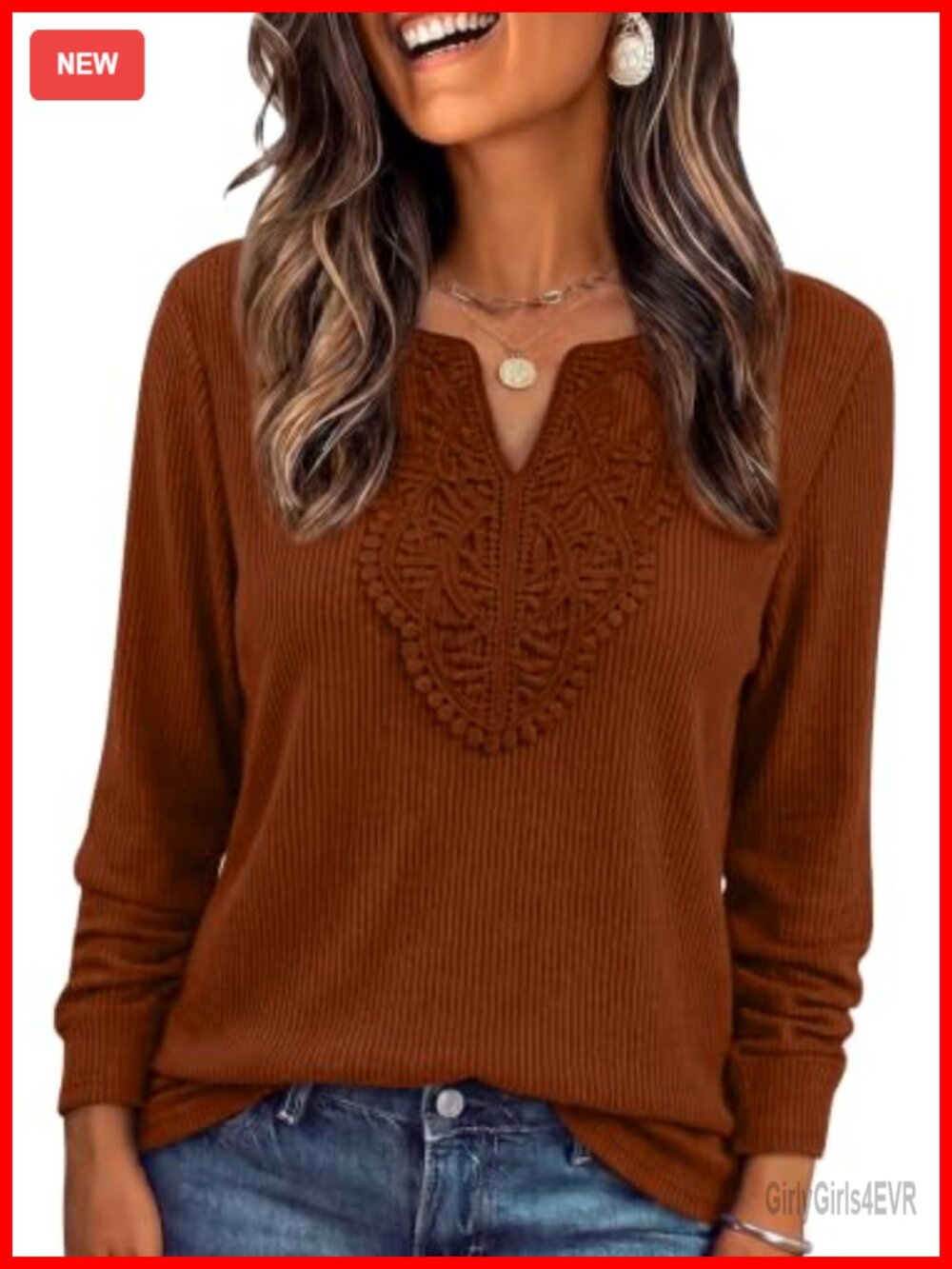 WIHOLL Ribbed Knit Long Sleeve Tunic Top with Lace V-Neckline